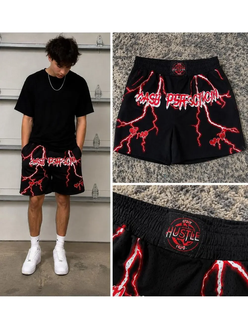 Chase Perfection Lightning Graphic Mesh Athletic Shorts Black Red Y2K